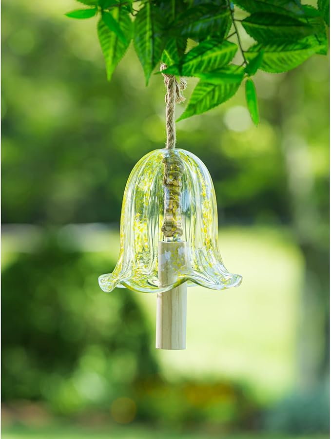 Evergreen Colorful Art Glass Bell Wind Chime | Yellow| Solid Wood Striker | Natural Deep Tone | 7 Inches Tall | Beautiful Gift for Patio, Garden, Outdoor Home décor