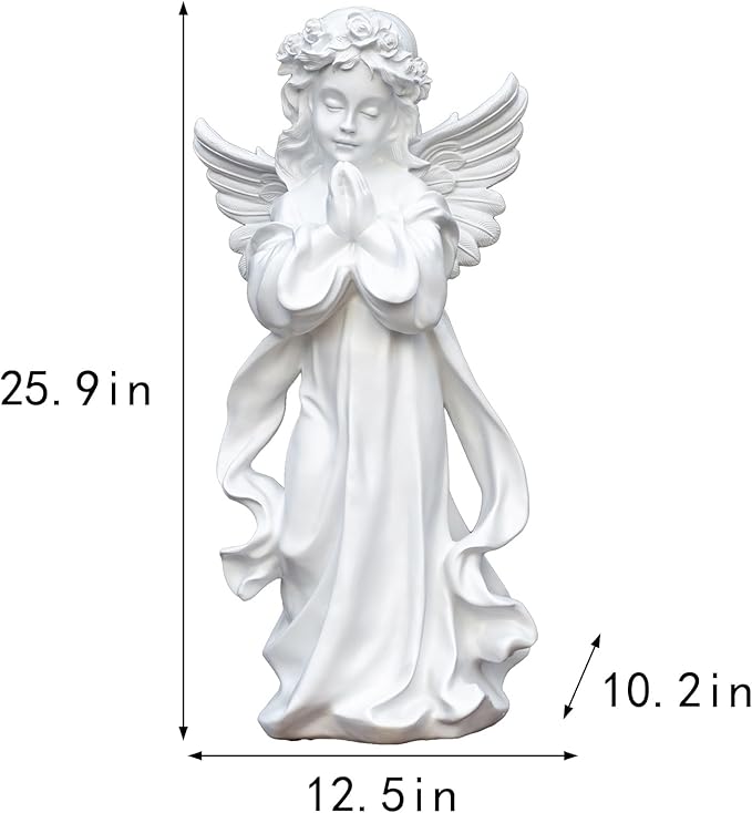 Garden Large-Sized Angel Statue, 25.9 x 12.5 x 10.2 inches, White Resin Outdoor Sculpture, Floor Mount Home Living Room Decoration