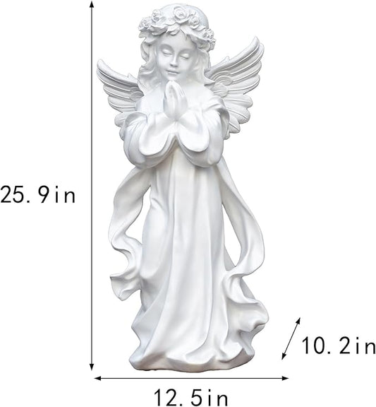 Garden Large-Sized Angel Statue, 25.9 x 12.5 x 10.2 inches, White Resin Outdoor Sculpture, Floor Mount Home Living Room Decoration
