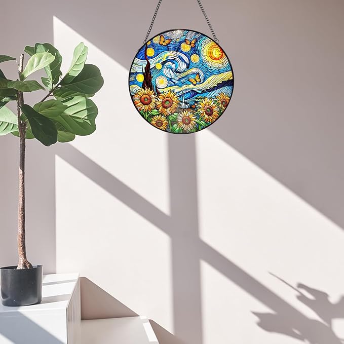 Sunflower Starry Sky Stained Glass Window Hanging,7.87inch Sun Catchers Glass Panel with Chain, Ornament for Home, Garden, Christmas, Mother’s Day, Housewarming Gifts for New Home, Festival Gift