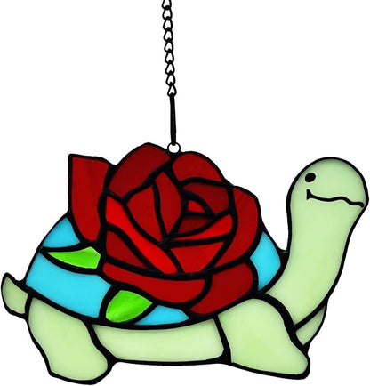 Stained Glass Turtle with Rose Birthday Gifts for Women, Stained Glass Window Hanging Suncatcher Ornament, Housewarming Window Decor Gifts for Mom, Turtle Lovers