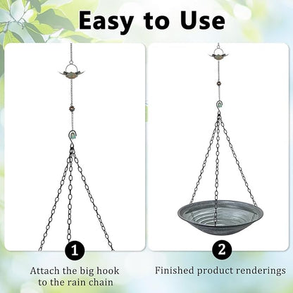 13 inch Rain Chain Basin, Metal Rain Chains Anchoring Bowl Dish, DIY Rain Chain Basin for Gutter Downspout, Hanging Birdbath for Outdoor Garden Patio Decor, Grey