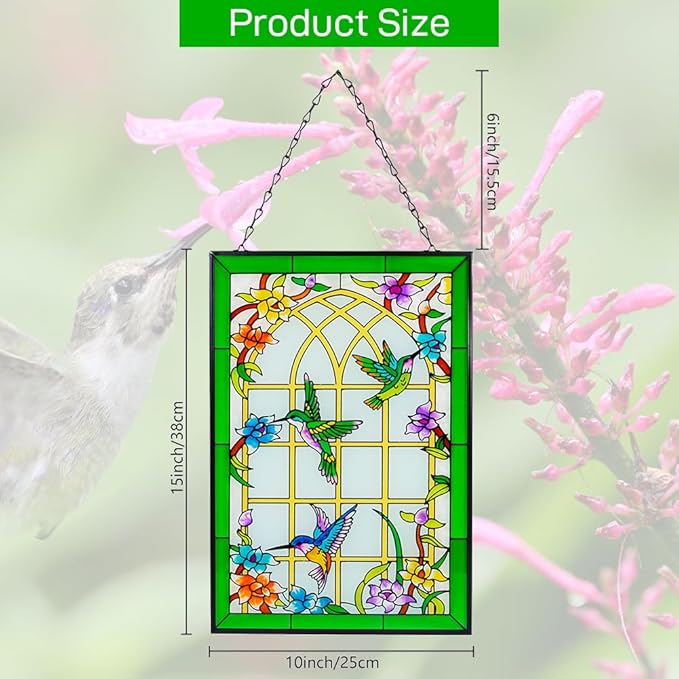 Viveta Hummingbird Stained Glass Window Hanging, Suncatchers Stained Glass Panels Hand-Painted Art Decor with Chain, Gift for Mom Grandma Christmas Decor 10 * 15"