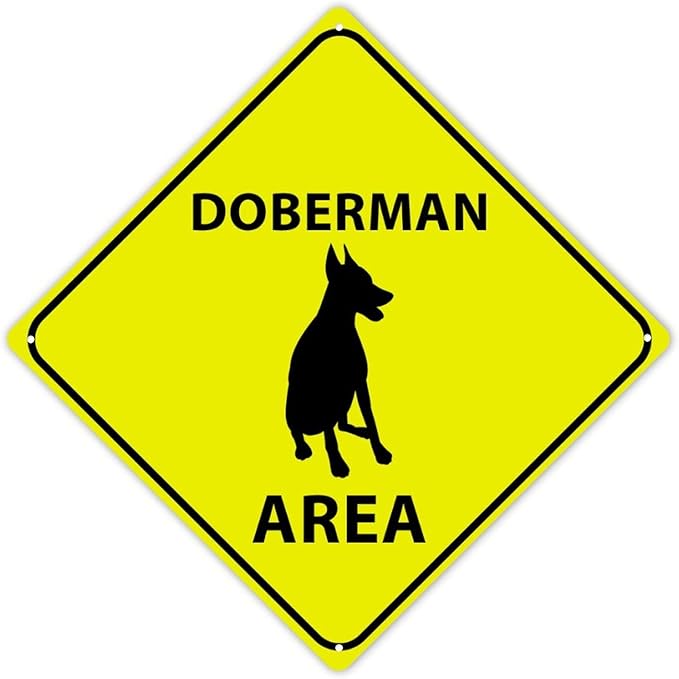 Doberman Crossing Xing Sign Beware of Doberman Dog Metal Sign Doberman Funny Warning Sign Crossing Zone Sign for Farm Yard Front Door Indoor Outdoor Street Sign 12x12in