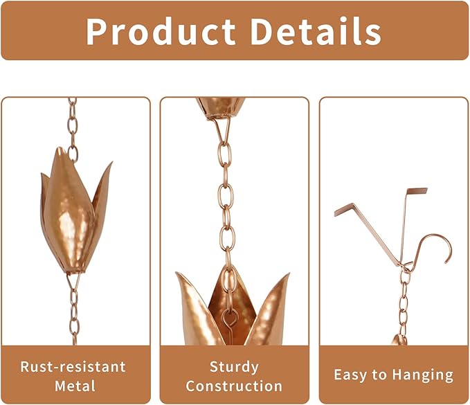 TZSSP Rain Chains Decorative Rain Chain Bell with 12 Cups, Rain Chain for Home Garden Patio Outdoor Decor,8-1/2 Length,Leaf