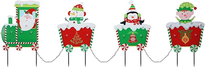 WONDER GARDEN Christmas Yard Stakes, 4 PCS LED Light Christmas Train Decor with Santa Claus, Snowman, Penguin and Elf Yard Signs Yard Decorations for Lawn Decorations