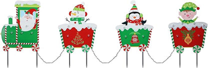 WONDER GARDEN Christmas Yard Stakes, 4 PCS LED Light Christmas Train Decor with Santa Claus, Snowman, Penguin and Elf Yard Signs Yard Decorations for Lawn Decorations