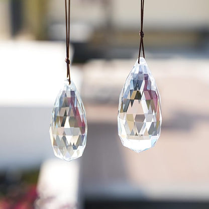 Set 2 Crystal Prism Clear Faceted Glass Olive Prisms Chandelier Crystal Hanging Ornaments for Christmas Tree DIY Suncatcher Pendants Rainbow Maker (76mm,89mm)