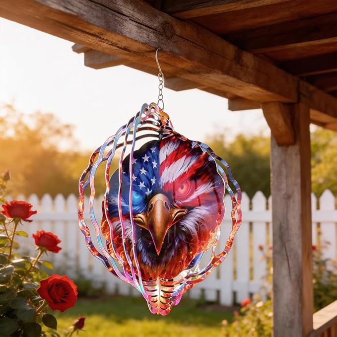 10x10 Patriotic Bald Eagle Fire Wind Spinner American Flag Crystal Chimes Outdoor Garden Decor Spinning Wind Chime Memorial Day 4th of July Gift