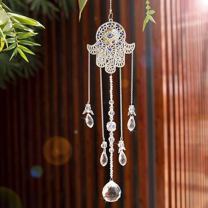 19inch Hanging Crystal Blue Evil Eye Protection Pendant Hamsa Hand Suncatcher Angel Wing Decor for Christmas Tree Prism Sun Catchers Indoor Window Decoration Charm