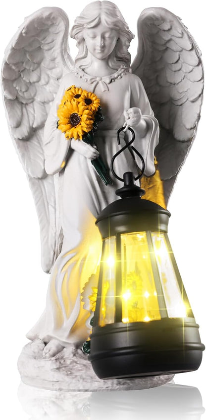 Sympathy Gifts for Loss of Loved One- 8.8" Resin Angel Figurines Holding Sunflowers Waterproof Angel Decor Cemetery Decorations for Grave-Grave Decorations for Cemetery