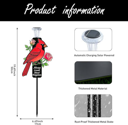 Solar Cardinal Memorial Stakes for Graves - Metal Cemetery Decorations with LED Light, Sympathy Gift for Loss of Mother Mom Grandma, Garden Grave Markers (Red Cardinal)
