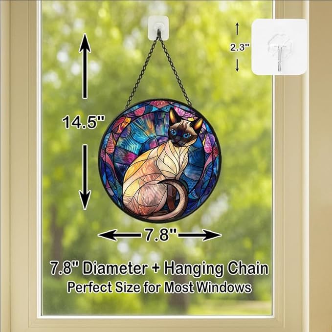 Stained Glass Window Hanging - Halloween Siamese Cat， 7.8in Sun Catchers Panel for Indoor Decorative Display for Mom， Wife， Lovers， Festive