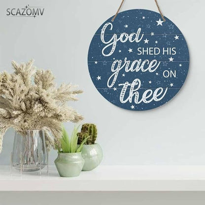 God Shed His Grace On Thee Round Rustic Wood Sign Plaque Vintage Wall Door Art Sign Cute Wooden Hanging Sign Decor for Home Kitchen Farmhouse Garden Front Door Entryway Porch Yard 12 Inch