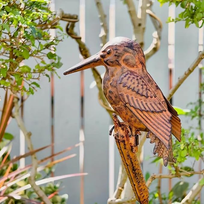 Rusty Kingfisher Metal Garden Stake, 42.5 Inch Bird Sculpture Yard Art, Decorative Lawn Ornament Gift for Bird Lovers (Bronze)