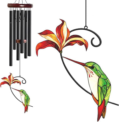 Personalized Metal Wind Chime Garden Sign, 40 Inch Outdoor Colorful Bird & Flower Memorial Decor, Yard Hanging Plaque for Patio Porch Lawn (JSTY370)