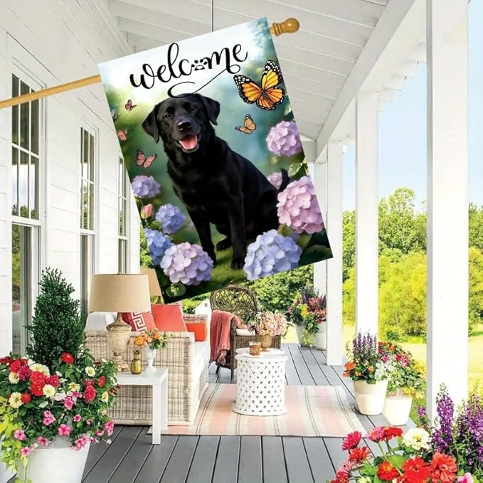 Large Spring Summer Black Lab Labrador Dog Hydrangea Garden Flags 28 x 40 Double Sided, Burlap Spring House Flag for Outside, Large Summer Welcome Outdoor Yard Flags Decorations for Yard Garden Décor