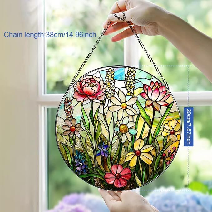 Stained Glass Window Hanging, Spring Colorful Wildflowers Plant Scenery Suncatcher for Window Doors Garden Home Decor, Botanical Floral Glass Panel Ornaments for Women,Men,Wife, Lovers, and Mom 7.8 in
