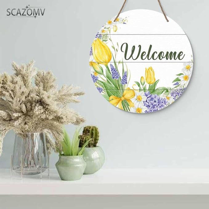 Round Rustic Wood Sign Plaque Welcome Tulip Flower Hand-Painted Vintage Wall Art Cute Wooden Hanging Sign Decor for Home Kitchen Farmhouse Garden Front Door Entryway Porch Yard 12 Inch