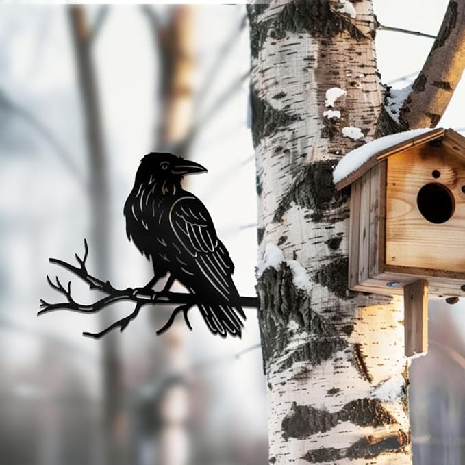 WADORN Crow Raven on Branch Metal Yard Art Decor, Bird on Branch Outdoor Tree Silhouette Stake for Tree Yard Garden Patio Animal Outdoor Decor Gift for Housewarming Home Art Decor