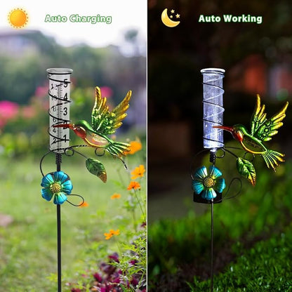 2PS Hummingbird Rain Gauge Outdoor,Solar Powered LED Lights Decorative Rain Gauge with 5 Inch Glass Tube for Yard,Garden,Patio,Lawn