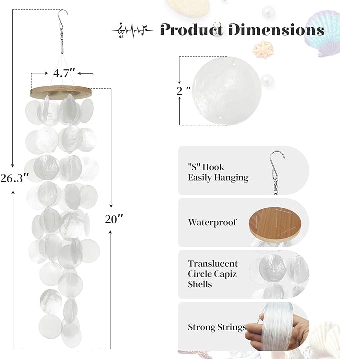 Capiz Shell Wind Chime for Outside 28” Sea Glass Wind Chime Ocean/Beach Themed Chime Gift for Women Mother’s Day Decoration White.