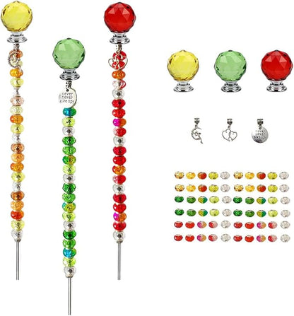 72Pcs Beaded Garden Stakes Kit - DIY Fairy Wand Garden Stake Beads Kit, Fairy Garden Accessories Outdoor for Different Festivals, Beadable Items Ball-(Red+Green+Yellow)