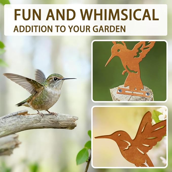 6 Pcs Hummingbirds Fence Decor, Outdoor Garden Metal Bird Decoration, Metal Art Ornament for Yard, Double-Side Design