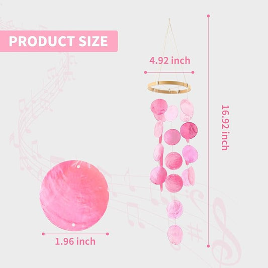 Handmade Capiz Wind Chimes for Outside, Outdoor Seashell Hanging Beach Coast Ocean Home Decorative, Unique Natural Shell Waterfall Windchimes for Summer Patio, Great Memorial Sympathy Gift（Pink