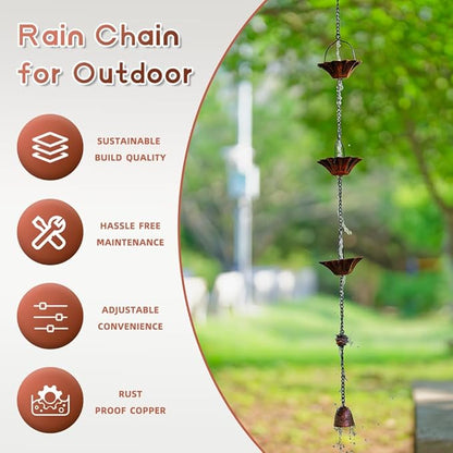 10FT Copper Lotus Rain Chain and Calla Lily Garden Stake with Bells for Outdoor Lawn Patio Decor