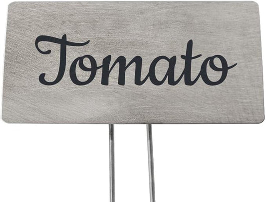 Outdoor Metal Garden Sign, Label, or Memorial. 4 x 2" or 6 x 4" sign with rounded corners and a 10" stake. Materials Include: Stainless Steel, Brass, Copper, Bronze and Titanium. (Titanium, 4 x 2")