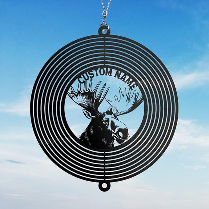 Personalized Moose Metal Wind Spinner, Custom Hanging Art for Outdoor Spaces, Rustic Wildlife Decoration, Nature Lover Gift (Moose Garden Wind Spinner)