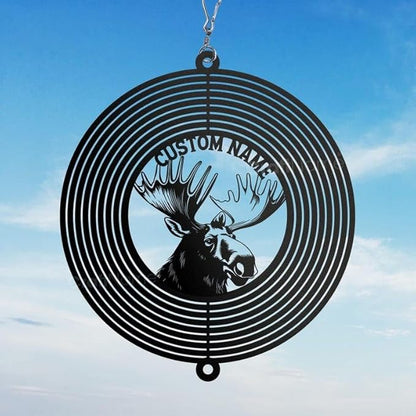 Personalized Moose Metal Wind Spinner, Custom Hanging Art for Outdoor Spaces, Rustic Wildlife Decoration, Nature Lover Gift (Moose Garden Wind Spinner)