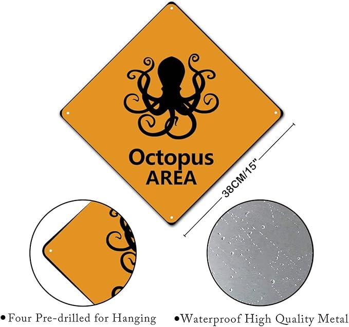 Caution Octopus Crossing XING Tin Sign Octopus Area Warning Street Sign Ocean Animal Novelty Caution Road Sign for Home Man Cave Door Porch Garden 15x15in