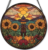 Stained Glass Window Hanging Scarecrow Sunflower and Pumpkin Sun Catchers Panel for Indoor Decorative Display for Mom, Wife, Lovers, Festive