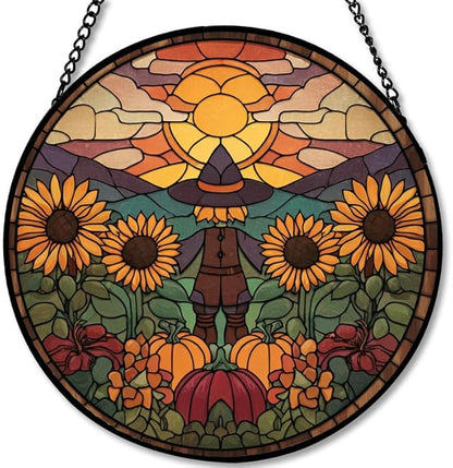 Stained Glass Window Hanging Scarecrow Sunflower and Pumpkin Sun Catchers Panel for Indoor Decorative Display for Mom, Wife, Lovers, Festive