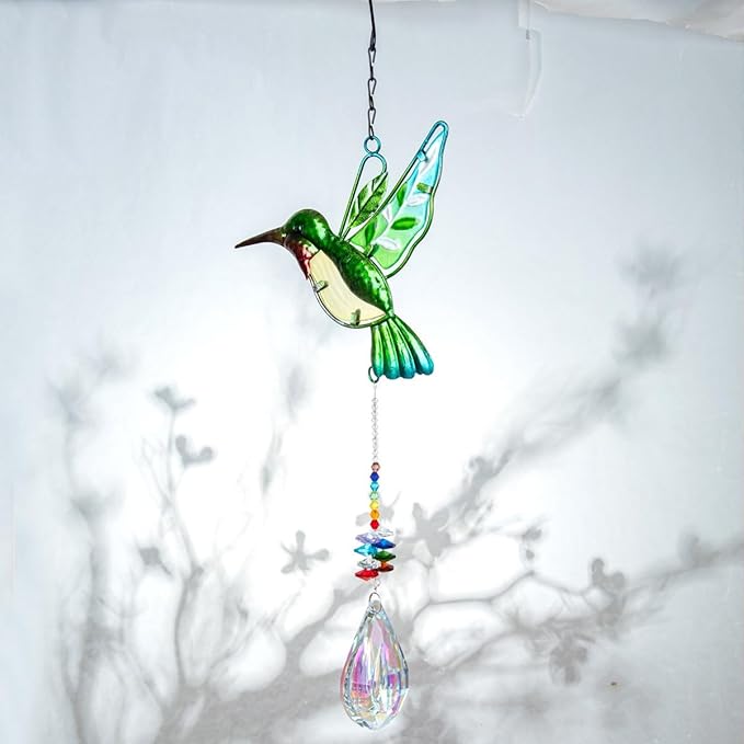Hummingbird with Crystal Sun Catcher,Stained Glass Bird Suncatchers for Windows Hanging,Crystal Suncatcher Prism Hanging Ornament for Home Garden Party Decoration(Green,Pipa)