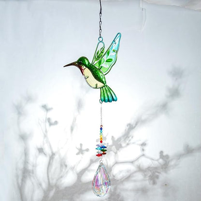 Hummingbird with Crystal Sun Catcher,Stained Glass Bird Suncatchers for Windows Hanging,Crystal Suncatcher Prism Hanging Ornament for Home Garden Party Decoration(Green,Pipa)