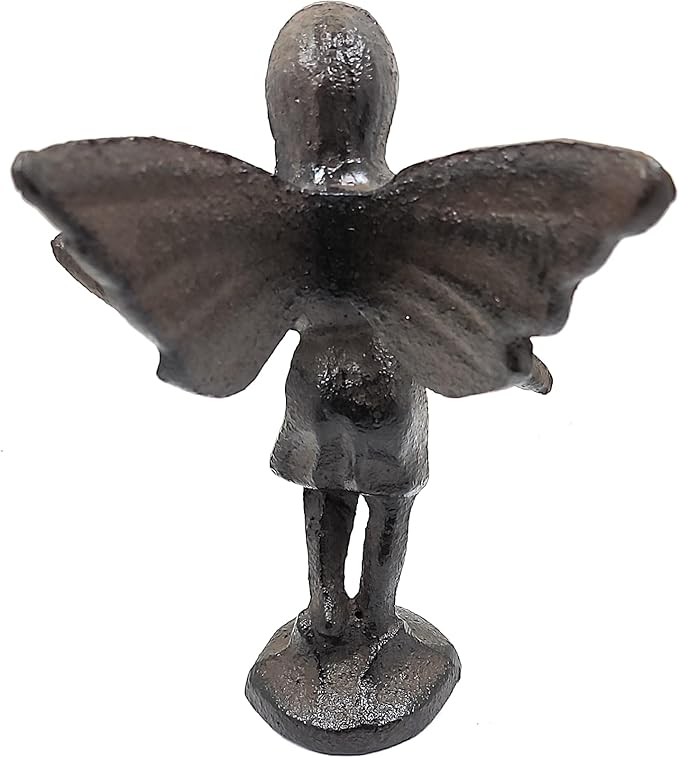 Rustic Cast Iron Standing Playful Angel or Fairy Statue Figurine