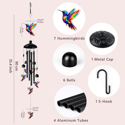 Hummingbird Wind Chimes for Outside, Black Metal Acrylic Windchimes Outdoors, Hummingbird Gifts for Women Men, Garden Yard Decor, Memorial/Birthday Gifts for Grandma Mom, Durable Chimes for Outdoors