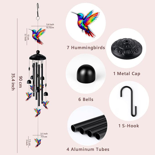 Hummingbird Wind Chimes for Outside, Black Metal Acrylic Windchimes Outdoors, Hummingbird Gifts for Women Men, Garden Yard Decor, Memorial/Birthday Gifts for Grandma Mom, Durable Chimes for Outdoors