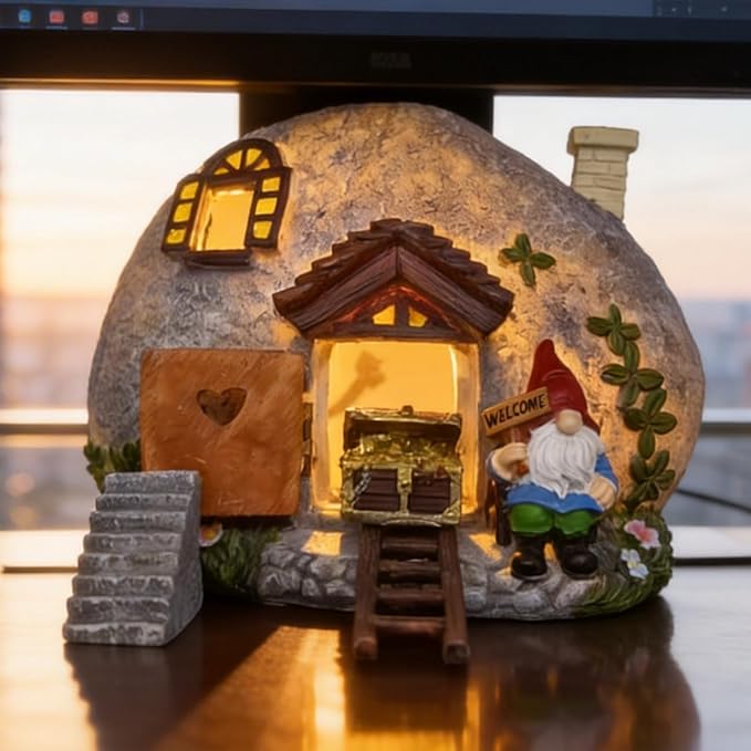 Fairy Garden Accessories Gnome House 4 Pcs Kit, Solar Statues with Openable Door for Yard Lawn Patio, Resin Stone Houses, Treasure chest, staircase, ladder Figurines, Birthday Gifts Idea for Women