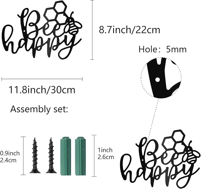 CREATCABIN Bee Happy Metal Wall Art Decor Wall Sculpture Hanging Decoration Sign Iron Outline Wall Art Black Rustic Decor Ornament Wall for Garden Indoor Outside Living Room Home Office 12 x 8.7Inch