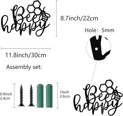 CREATCABIN Bee Happy Metal Wall Art Decor Wall Sculpture Hanging Decoration Sign Iron Outline Wall Art Black Rustic Decor Ornament Wall for Garden Indoor Outside Living Room Home Office 12 x 8.7Inch