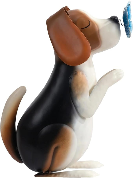 Metal Dog with Butterfly Garden Statue, Weather-Resistant Outdoor Decor – Hand-Painted Metal Animal Sculpture for Garden, Pathway, Porch, Patio – Whimsical Dog Lover Gift, Year-Round Display