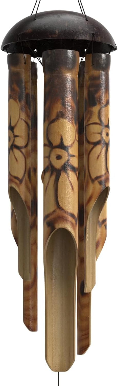 Nalulu Rustic Bamboo Wind Chimes - Outside Outdoor Wooden Windchimes, Medium, Floral Burned Design with Coconut Crown, Handcrafted with Calming Deep Tones, Home Decor Ideal Gift for Him & Her
