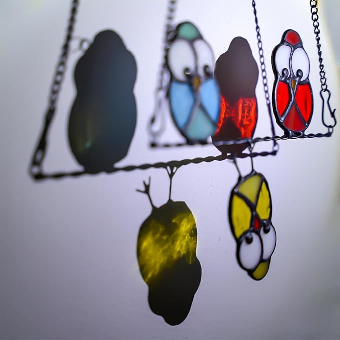 Multicolor Owl Stained Glass Suncatcher for Window,Birds Stained Glass Window Hangings,Bird Suncatchers Deocr for Door Room,Owl Gifts for Mom,Grandma,Birds Gifts for Bird Lovers Women