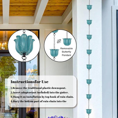 8.2ft Rain Chains for Outside, 10-Cup Lotus Rain Chain Replacement Downspout for Gutters, Eaves, Drainage, Adjustable Length(Light Blue)
