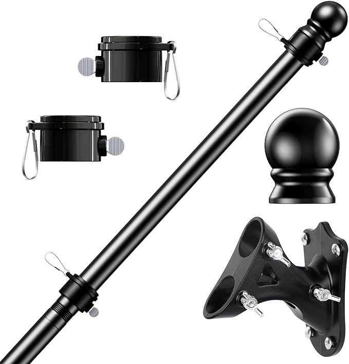 PHITRIC Flag Pole Kit, Tangle Free Spinning Stainless Steel Rustproof Flagpole for 3x5 Sports Fan Outdoor Flags for Outside House (Black, 5FT, with Bracket)