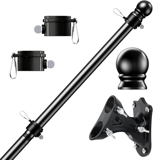 PHITRIC Flag Pole Kit, Tangle Free Spinning Stainless Steel Rustproof Flagpole for 3x5 Sports Fan Outdoor Flags for Outside House (Black, 5FT, with Bracket)